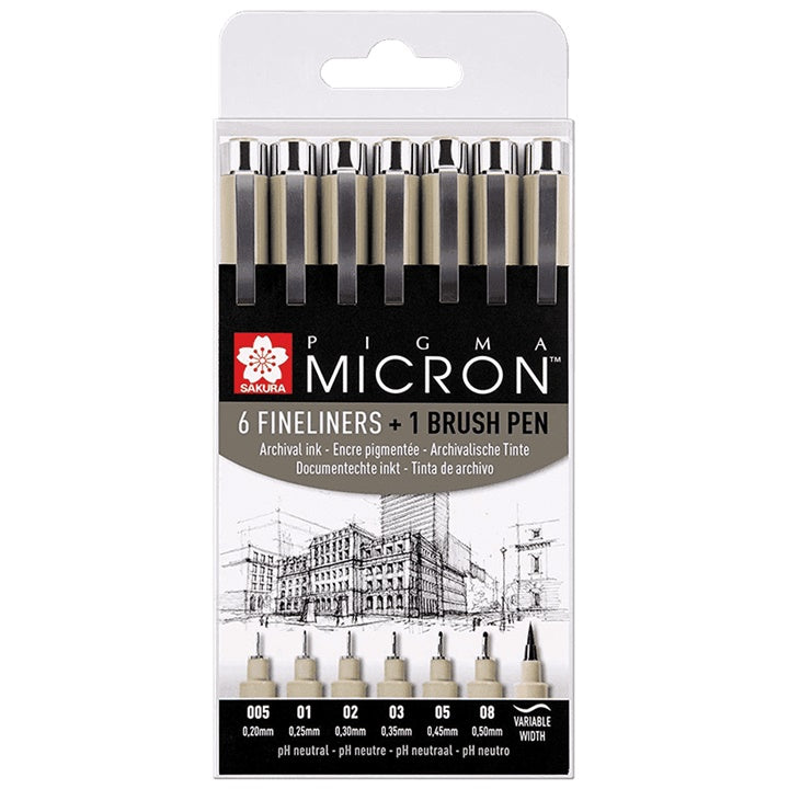 SAKURA Pigma Micron + Brush Pen Technical Pen Set, 7-Piece