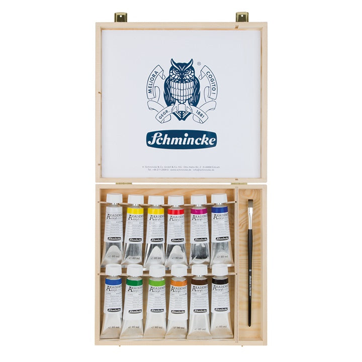 Schmincke AKADEMIE Acrylic Paints and Brush Set in Wooden Box, 12 x 60 ml
