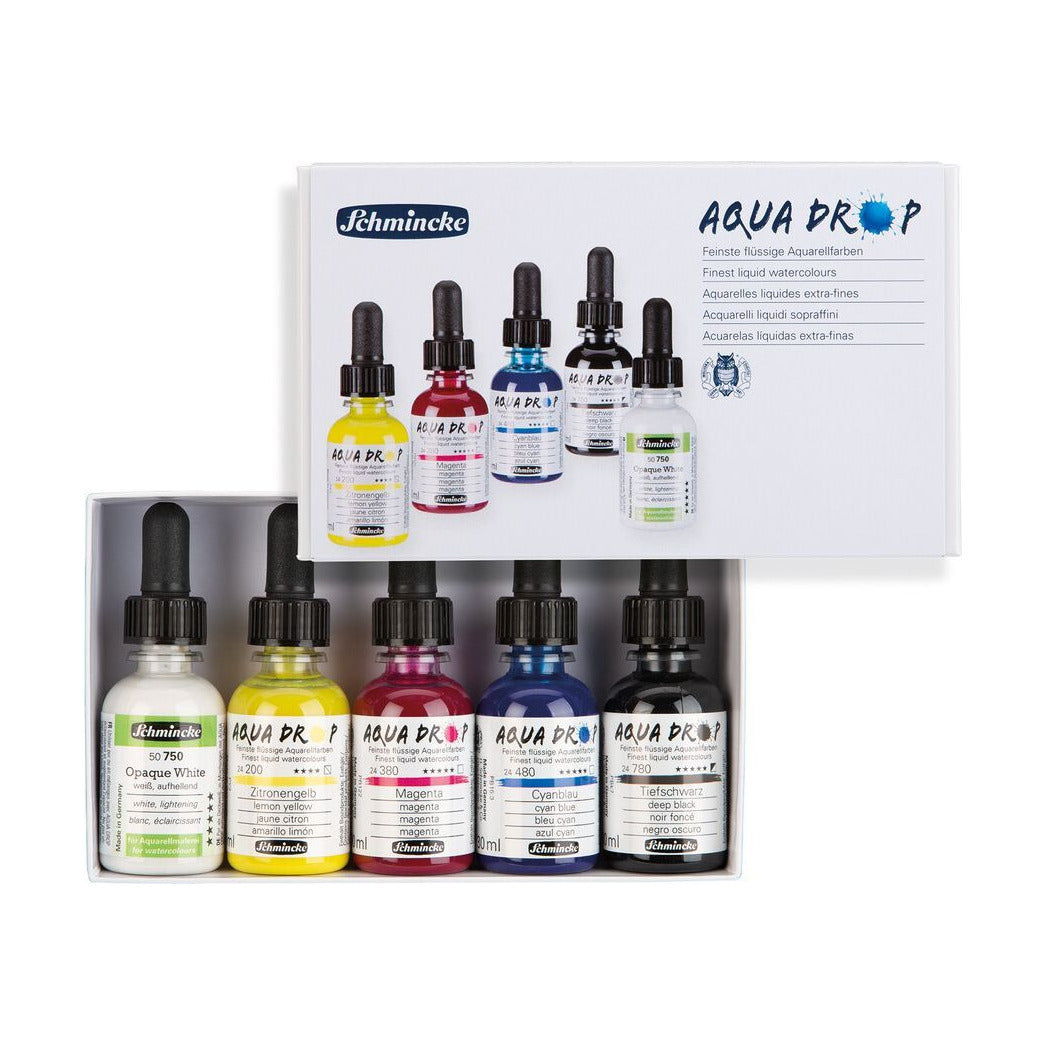 Schmincke AQUA DROP Liquid Watercolor Set - 5 x 30 ml (Primary Colors) + Opaque White