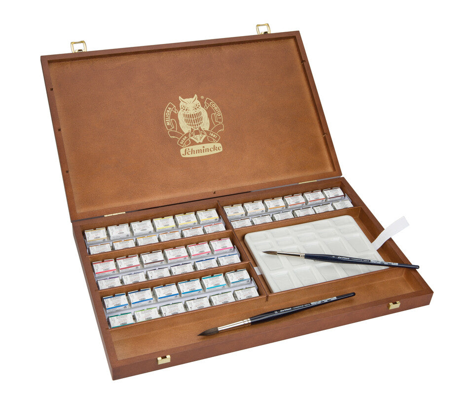 Schmincke HORADAM Watercolor Wooden Box Set, 48 Full Pans and Brushes