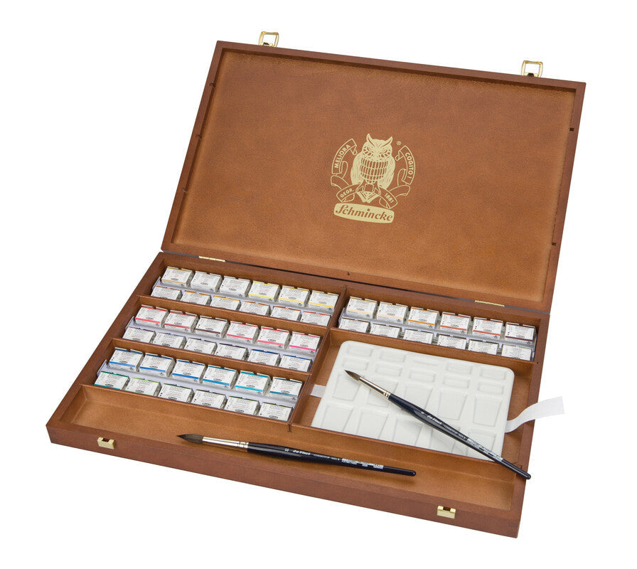 Schmincke HORADAM Watercolor Wooden Box Set, 48 Full Pans and Brushes