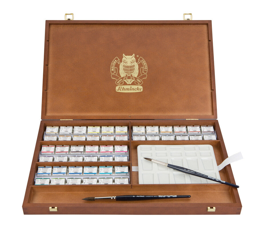 Schmincke HORADAM Watercolor Wooden Box Set, 48 Full Pans and Brushes