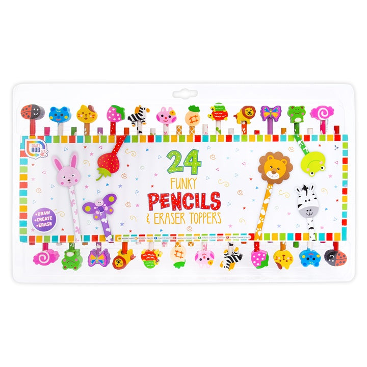 Set of 24 Colored Pencils with Fun Erasers
