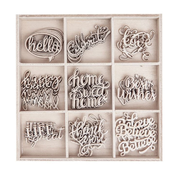 Set of Wooden Decorative Ornaments - Words / 45 Pieces