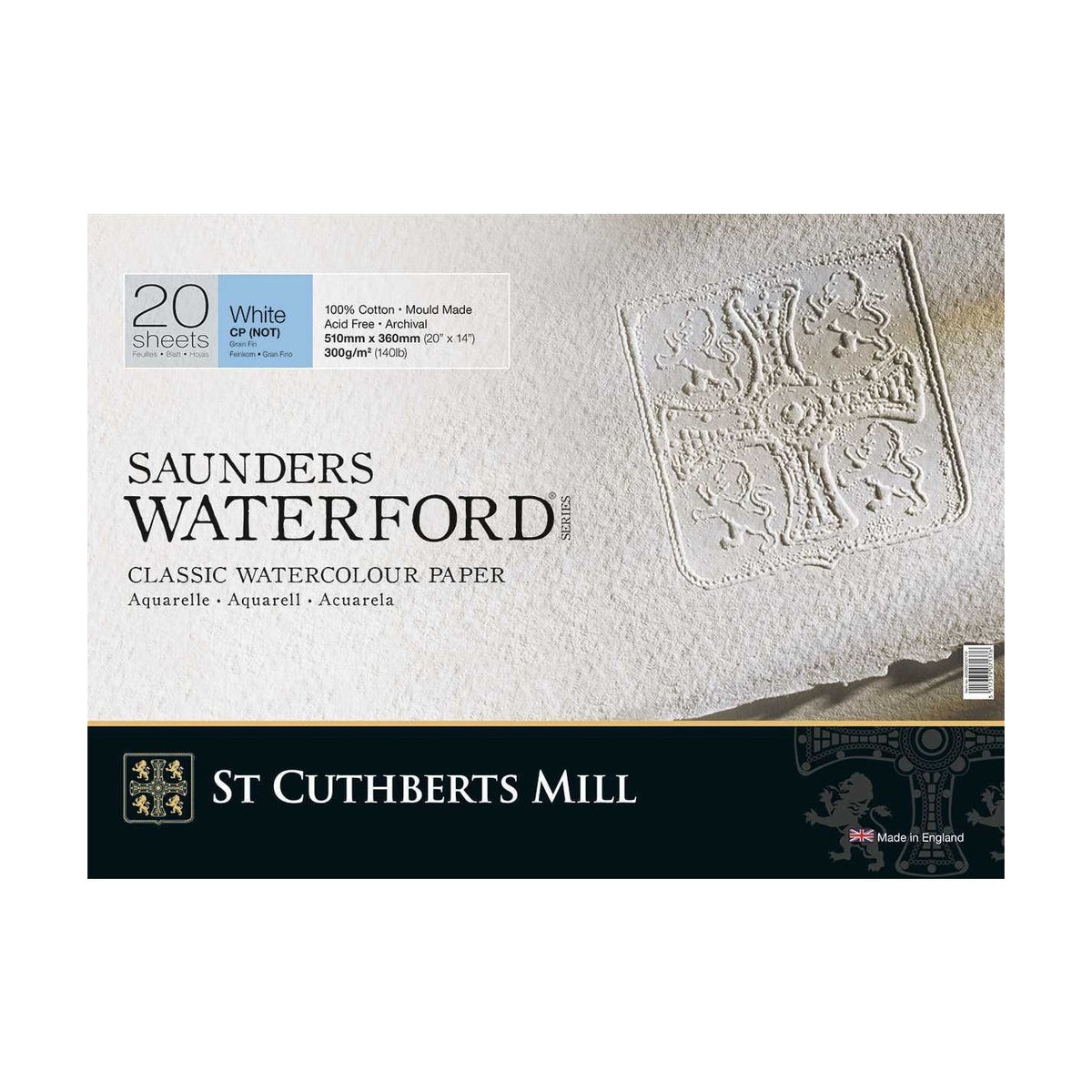 St Cuthberts Mill Saunders Waterford CP White 300 g/m² 20 Sheets Watercolour Block – 26 – 51 cm