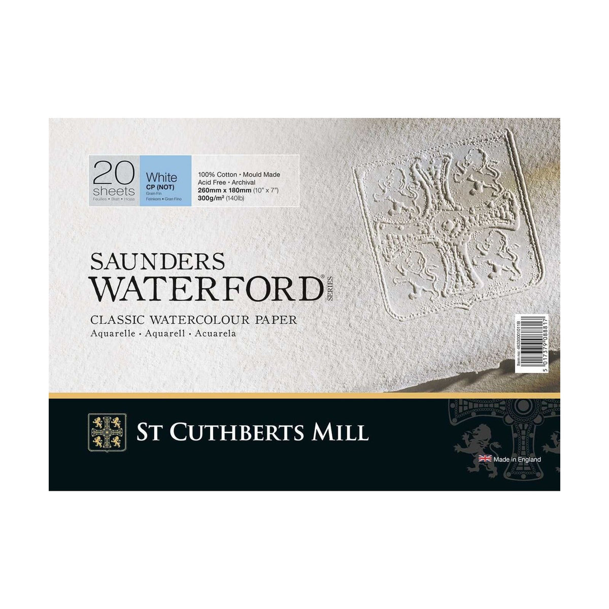 St Cuthberts Mill Saunders Waterford CP White 300 g/m² 20 Sheets Watercolour Block – 26 – 51 cm