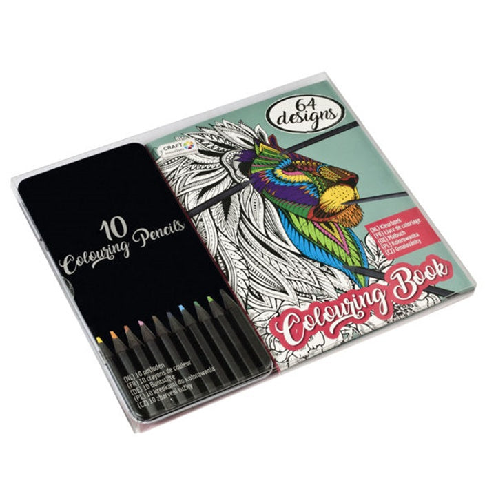 Stress-Relief Coloring Book with Colored Pencils - Set of 10
