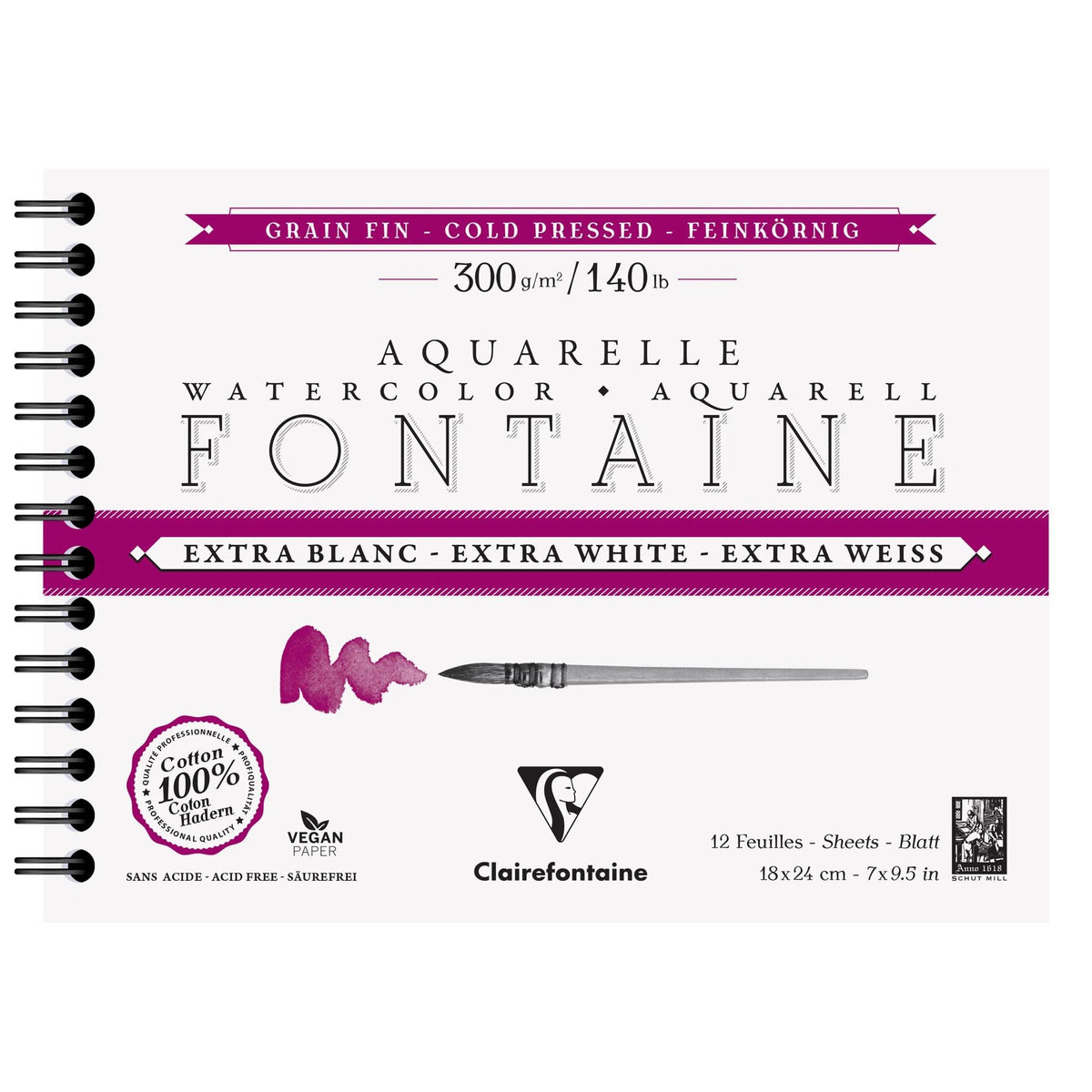 Watercolor pad CLAIREFONTAINE Fontaine CP Extra White 300 g 18 x 24 cm - 12 sheets