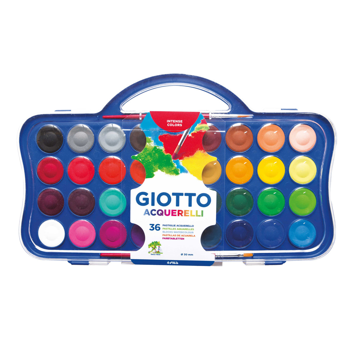 Watercolors GIOTTO Aquarelli Ø 30 mm, Set of 36 Colors with 2 Brushes