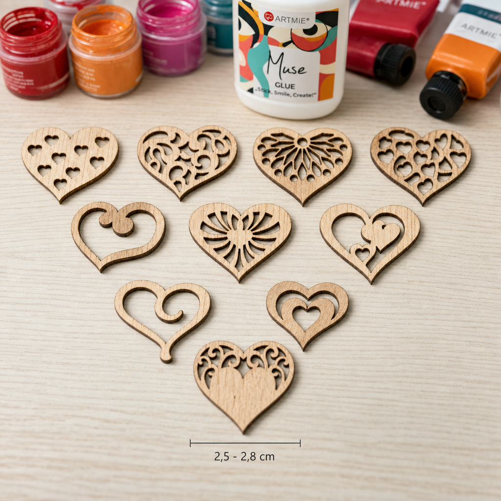 Wooden Heart Cutouts - Set of 10 pcs, 2.5 - 2.8 cm