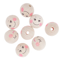 Wooden Round Beads with Faces, 3 cm / Set of 8