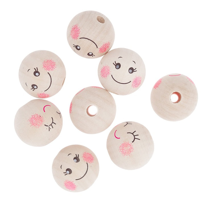 Wooden Round Beads with Faces, 3 cm / Set of 8