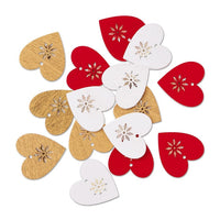 Wooden Self-Adhesive Hearts, White, Red, Gold, Set of 16