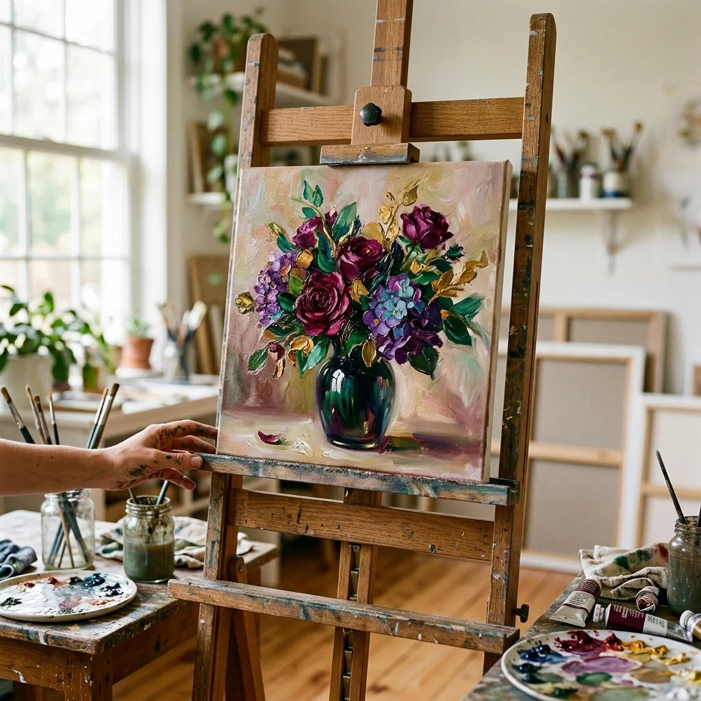 Oil painting drying on an easel