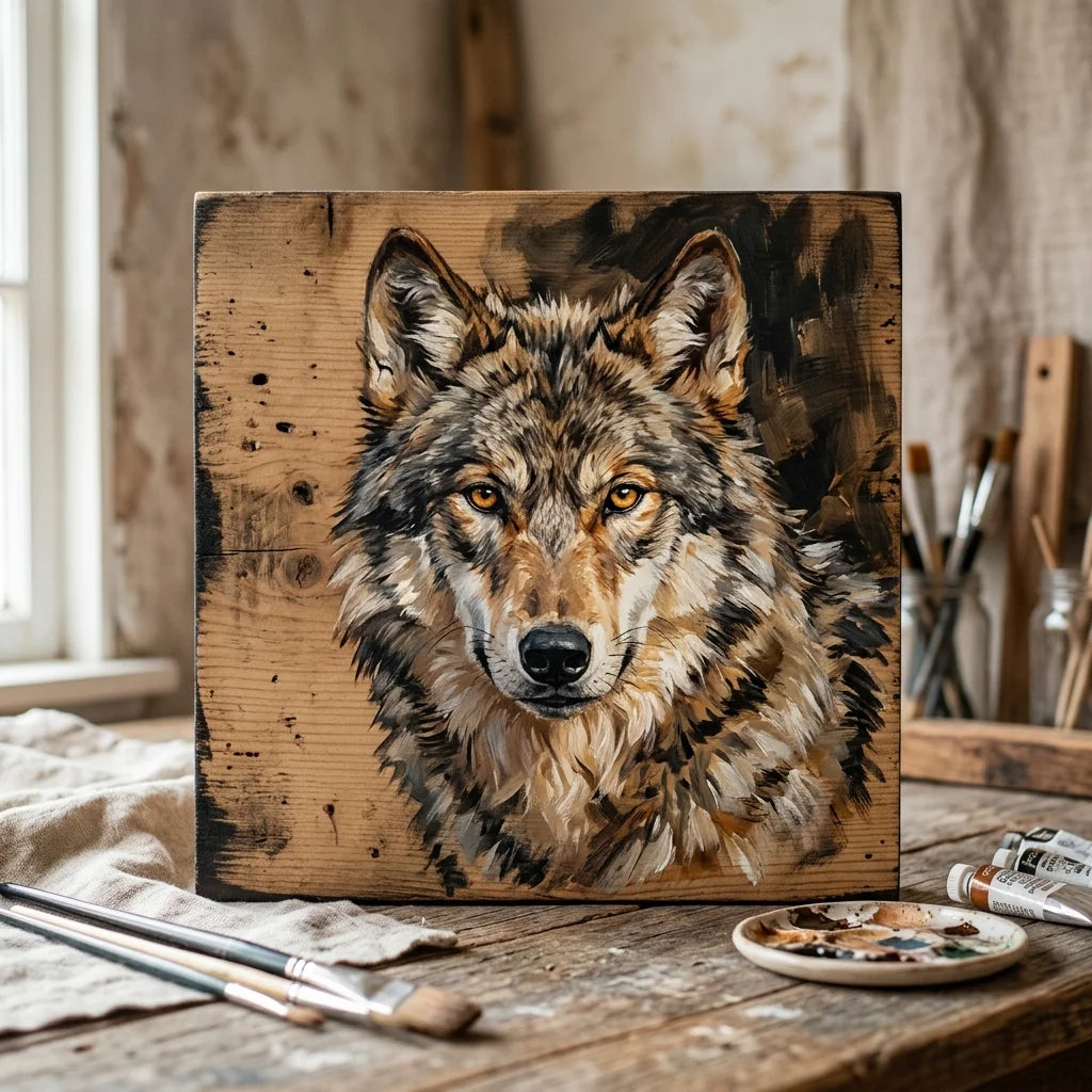 Wolf Painted with Acrylics on a Wood Panel — El Greco