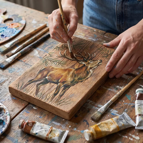 A deer painted with a brush using ARTMiE Euforia acrylic paints on a wooden board