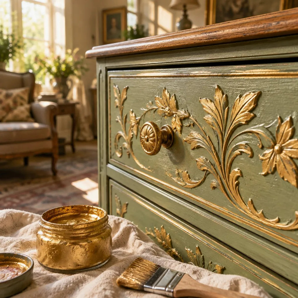 Gold accents made with ARTMiE MIDAS paste on the carved drawer front of a renovated dresser