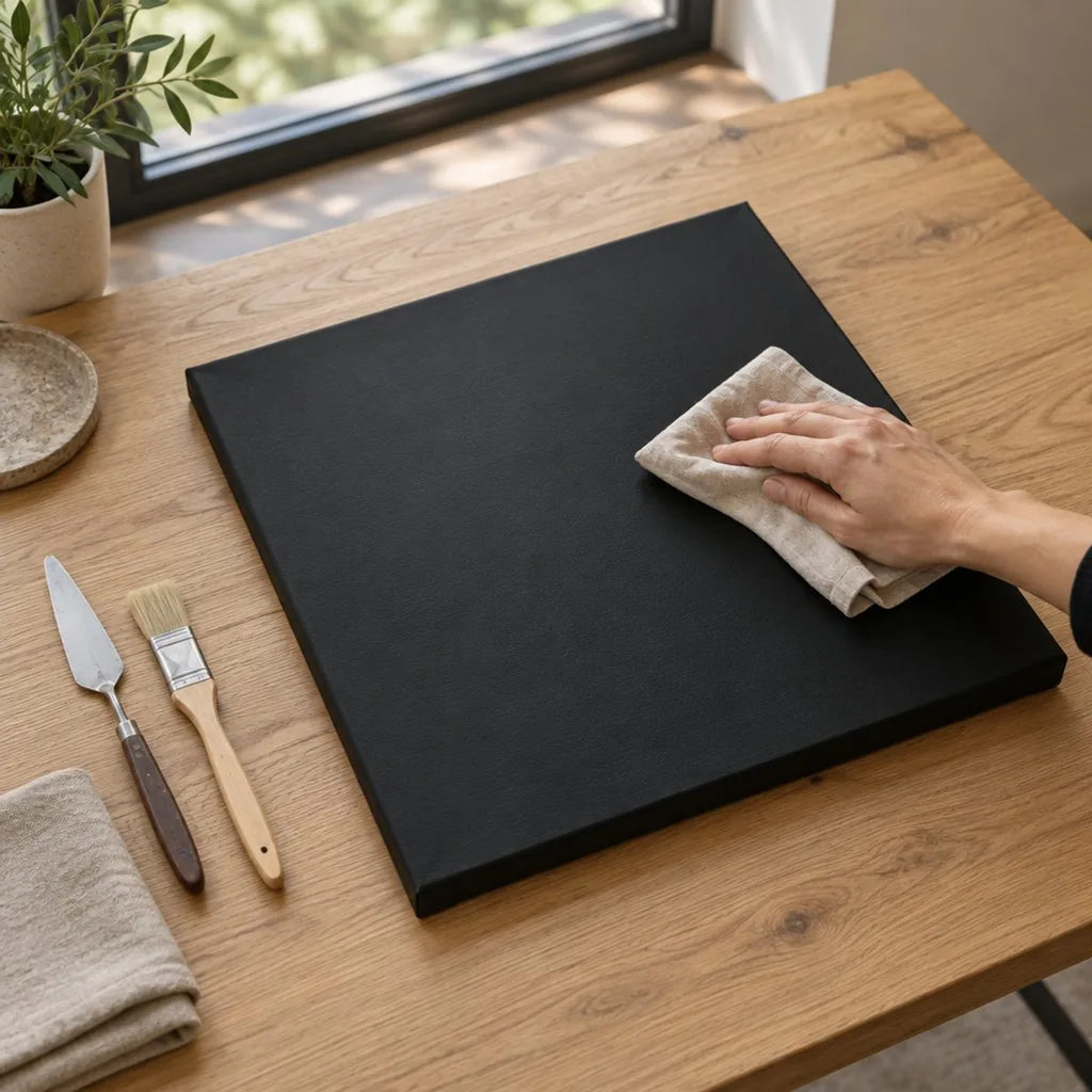 Wiping a black canvas before applying ARTMiE MIDAS paste