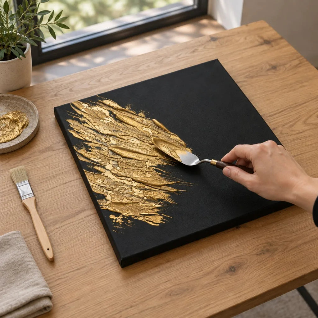 Applying fluid ARTMiE MIDAS gold paste to a black canvas with a palette knife