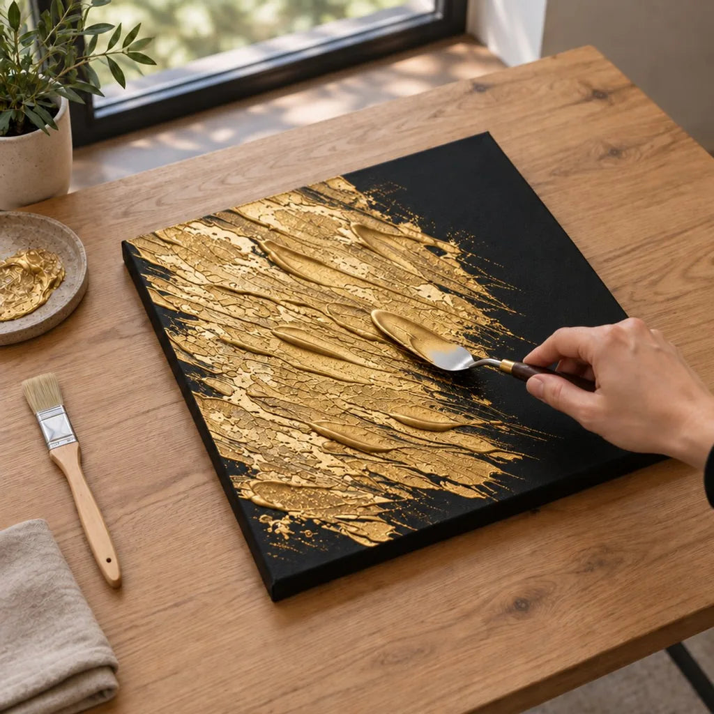 Creating texture in wet ARTMiE MIDAS gold paste, with visible palette knife marks