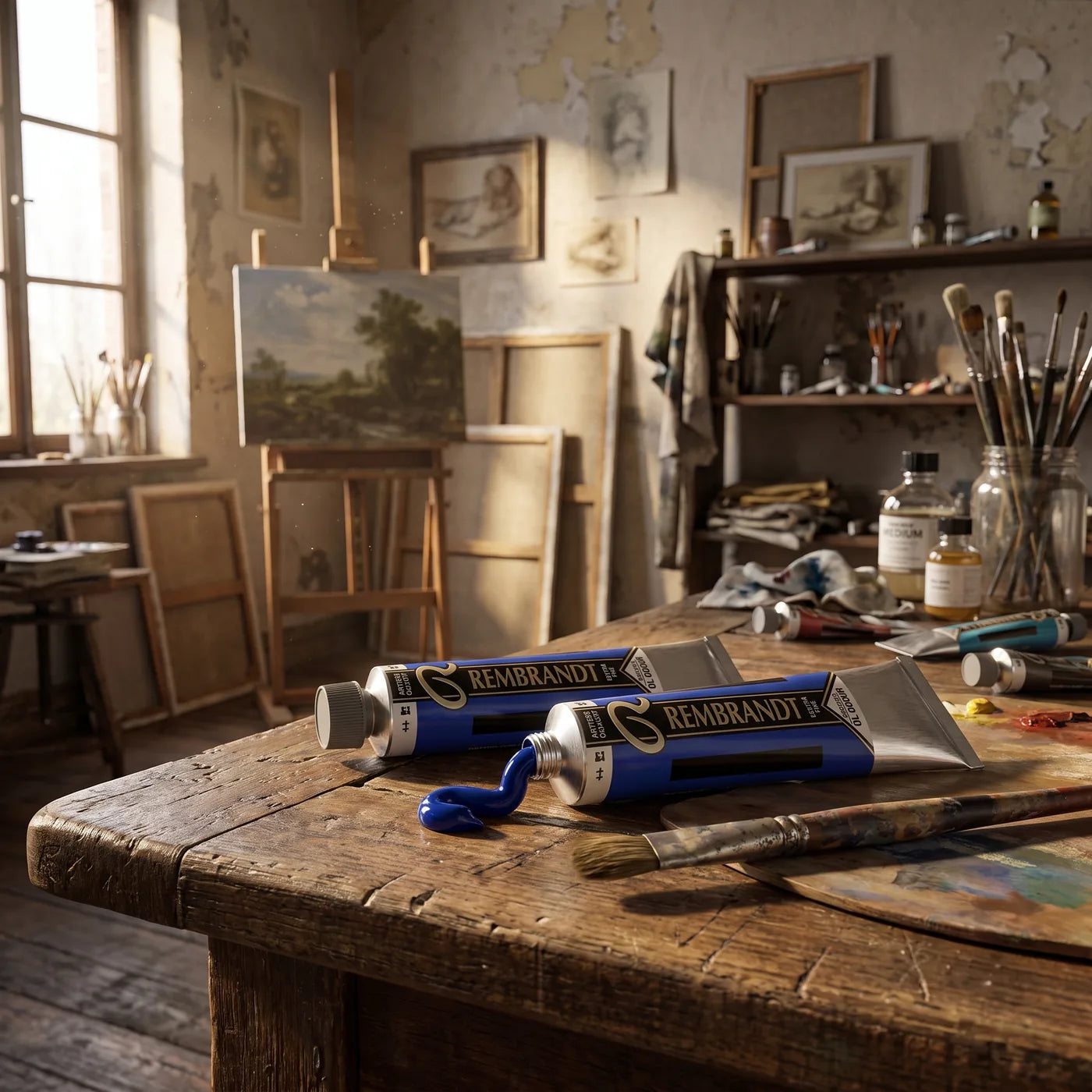 Rembrandt Oil Paints, 40 ml, on a Table in an Artist’s Studio
