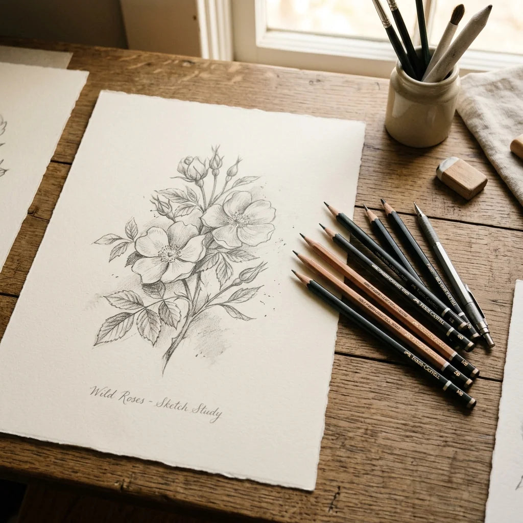 Pencil drawing using a set of 12 pencils in various hardness grades