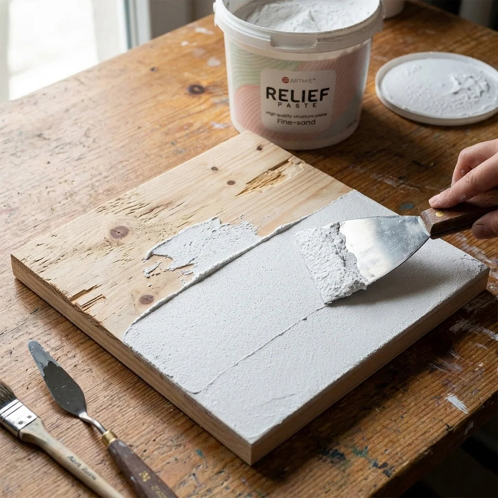 Leveling a surface with relief paste — before and after on a wooden board