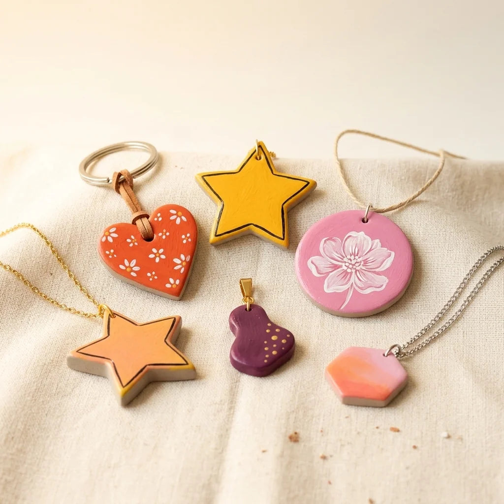 Keychains and pendants made from modeling clay