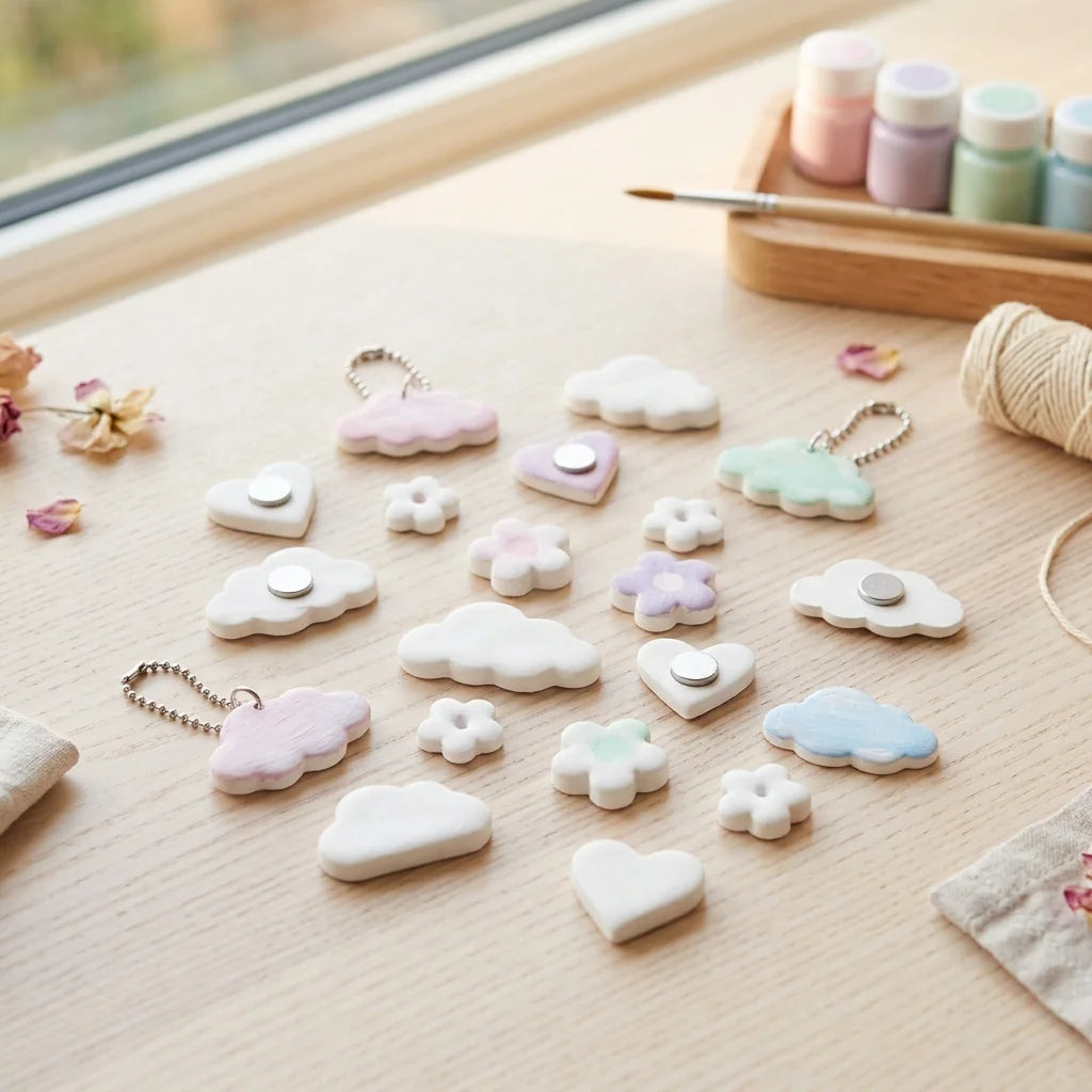 Small magnets and pendants made from white lightweight clay