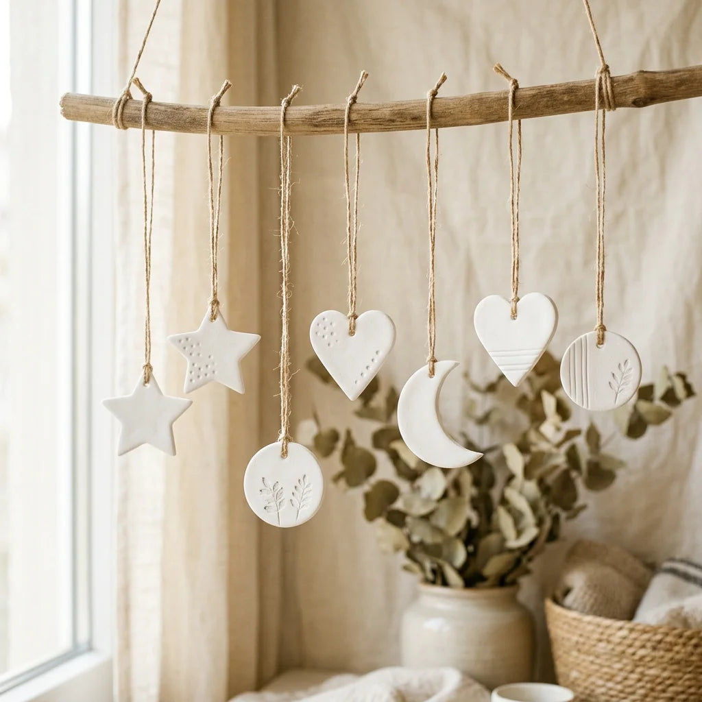 Hanging Christmas ornaments made from lightweight modeling clay