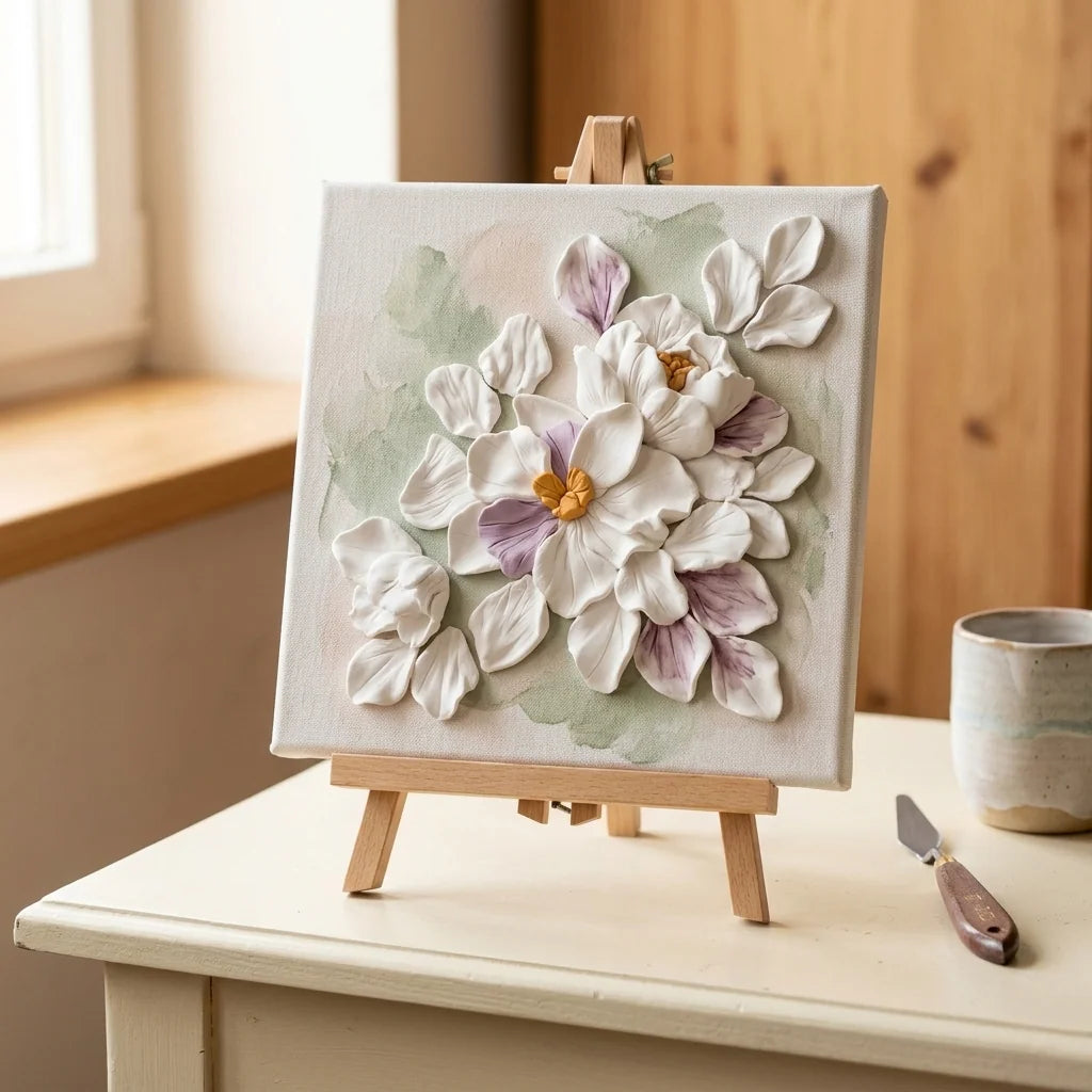 Flowers modeled from Cloudy Clay and attached to canvas — 3D relief painting