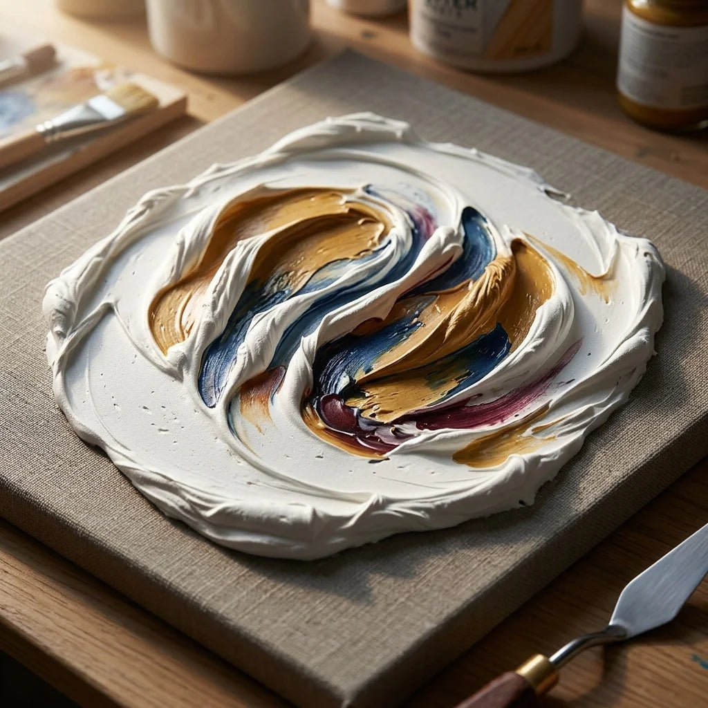 Impasto textures made with ARTMIE Butter 3D modeling relief paste &mdash; working with a palette knife on canvas