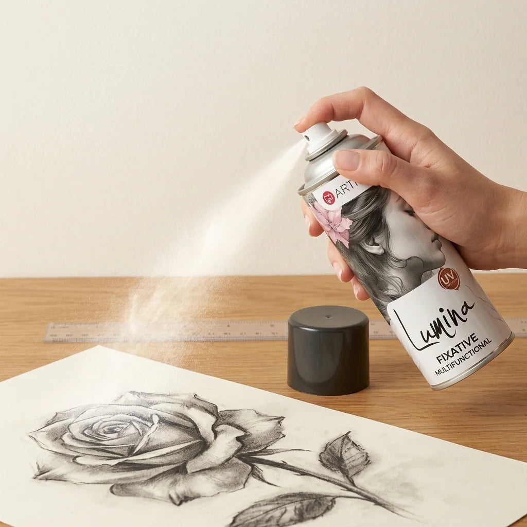 Applying fixative spray in smooth motions from a distance of 30 cm