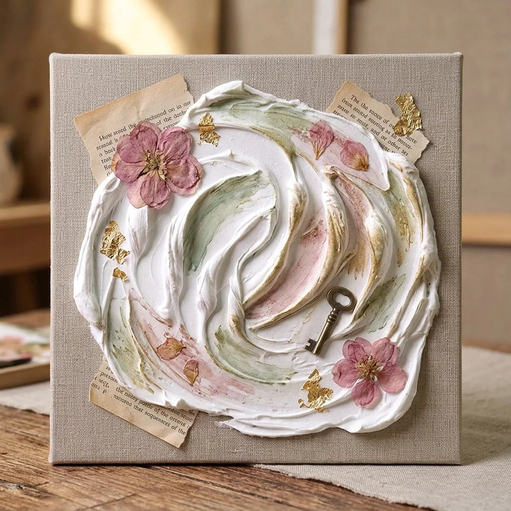 Mixed media collage made with Butter paste — dried flowers, vintage paper, brass key