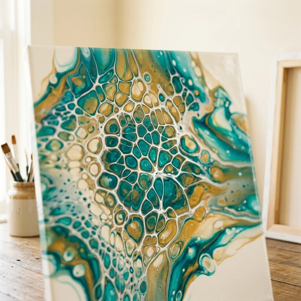 Cell effect in a painting created with pouring medium