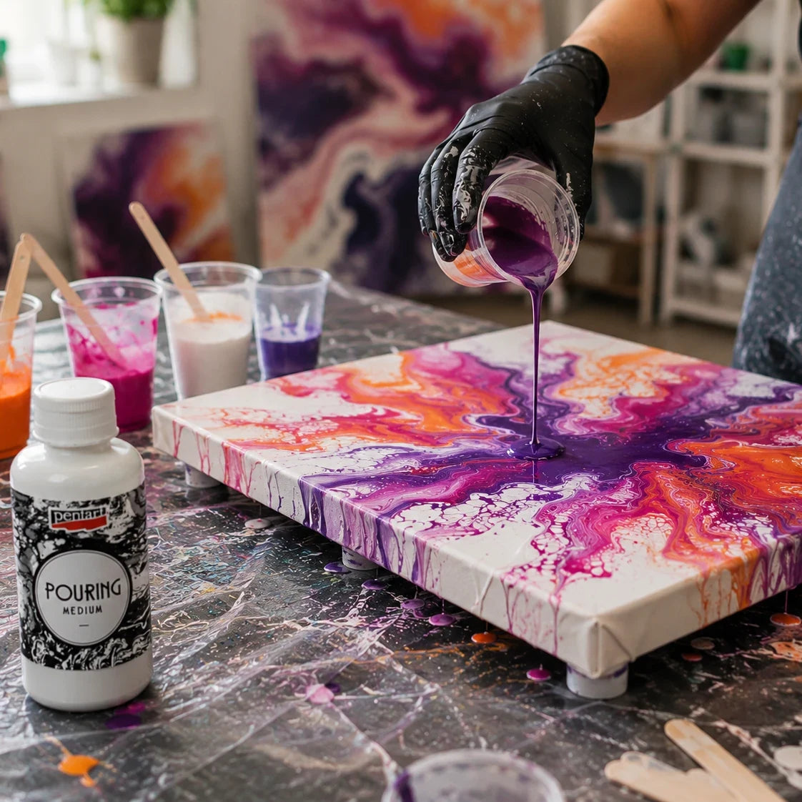 Pouring acrylic paint mixed with Pentart medium onto canvas