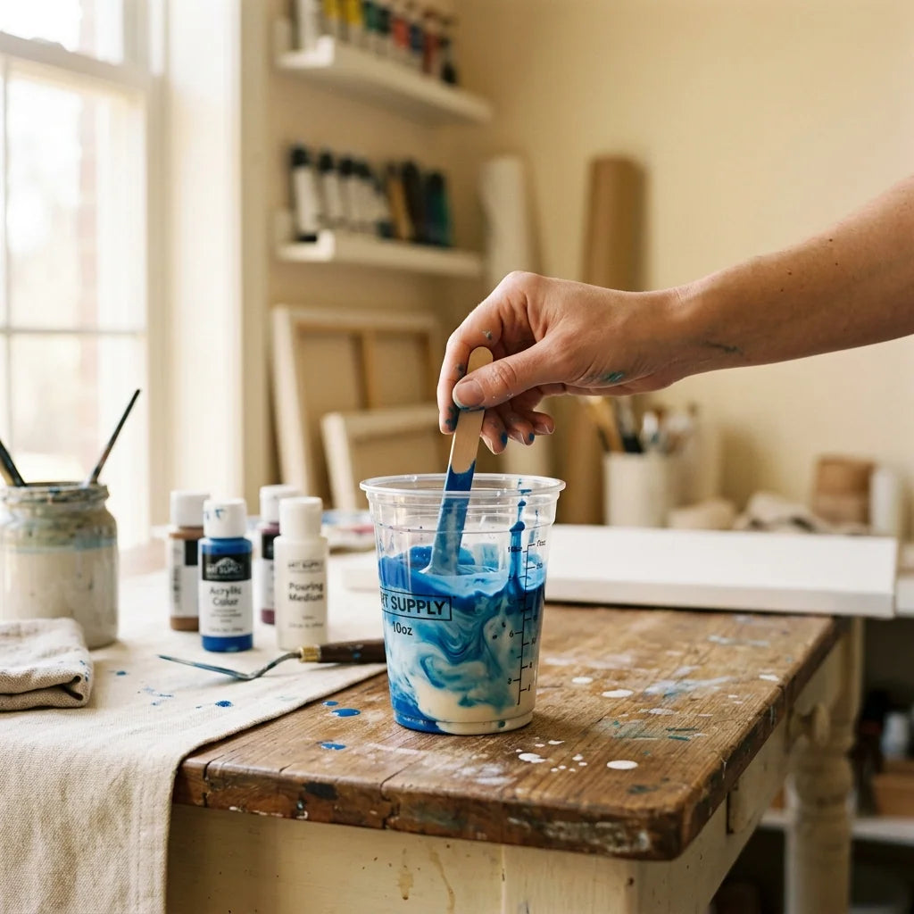 Mixing pouring medium with acrylic paint in a cup