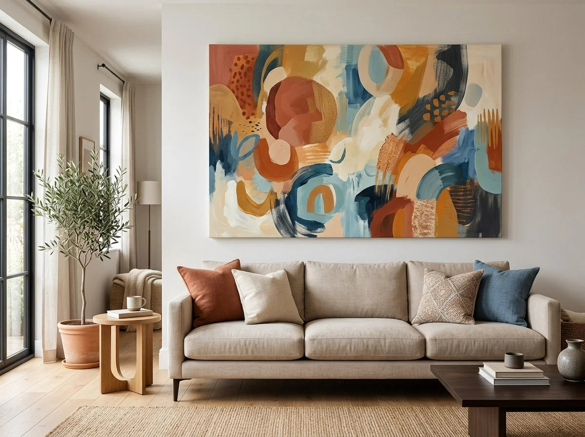 Large-format PROFI canvas painting hanging above a sofa in a living room